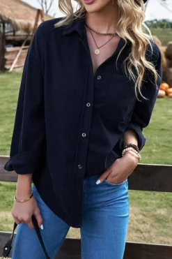 Sale Dear-Lover Dark Corduroy Button Pocket Shirt Blue