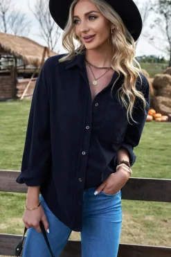 Sale Dear-Lover Dark Corduroy Button Pocket Shirt Blue