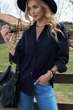 Sale Dear-Lover Dark Corduroy Button Pocket Shirt Blue