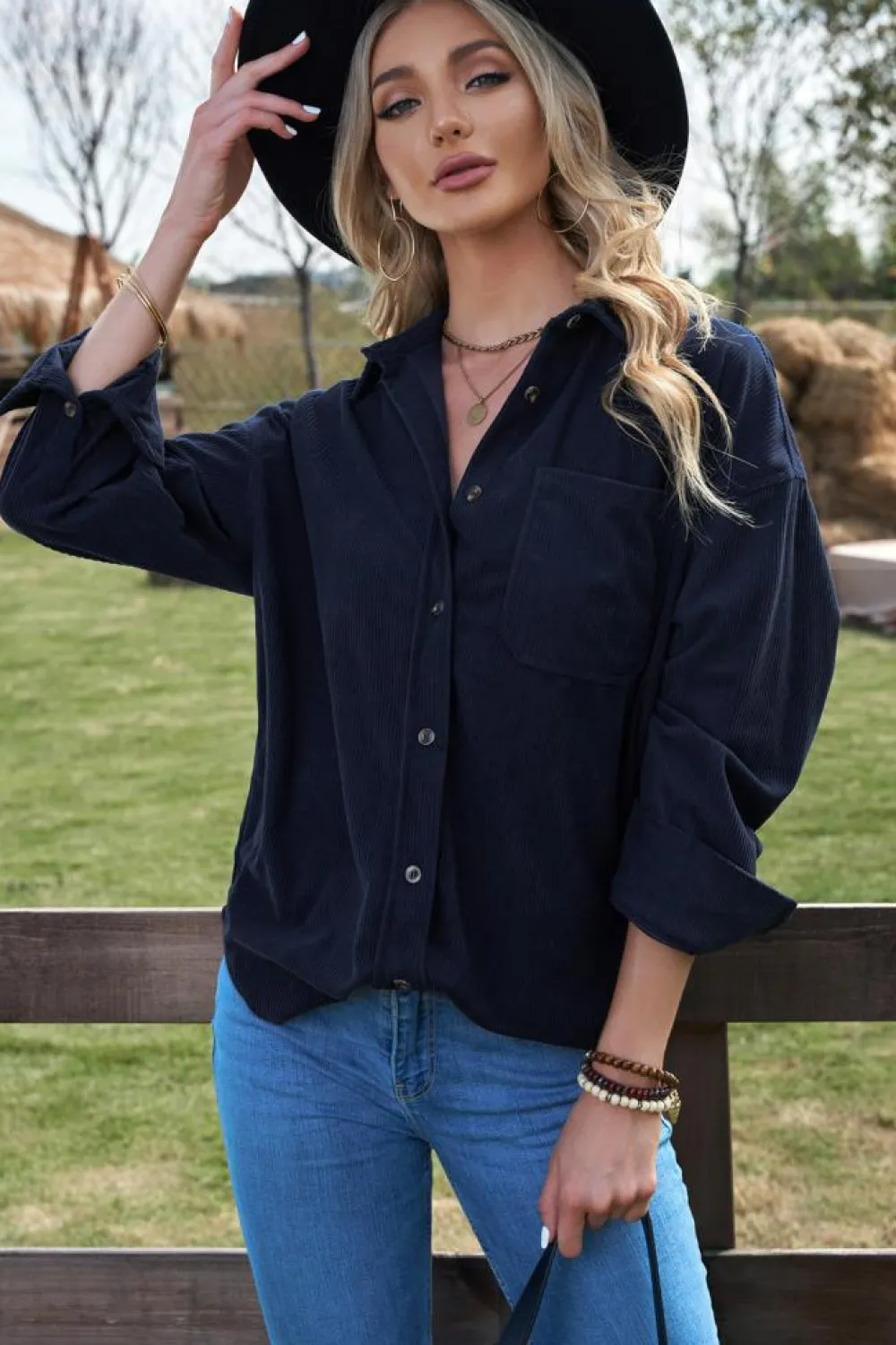 Sale Dear-Lover Dark Corduroy Button Pocket Shirt Blue