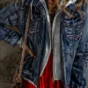 Discount Dear-Lover Fake Two-Piece Hooded Zip-Up Denim Jacket Dark Blue