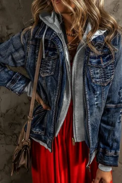 Discount Dear-Lover Fake Two-Piece Hooded Zip-Up Denim Jacket Dark Blue