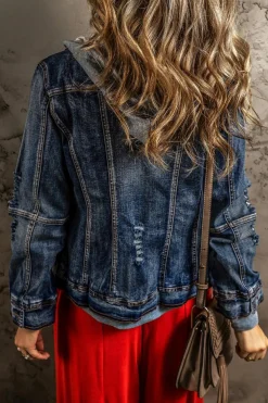 Discount Dear-Lover Fake Two-Piece Hooded Zip-Up Denim Jacket Dark Blue