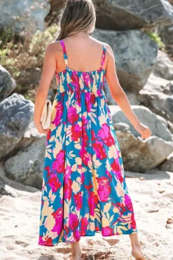 New Dear-Lover Floral High Waist Sleeveless Flared Long Dress Dark Blue
