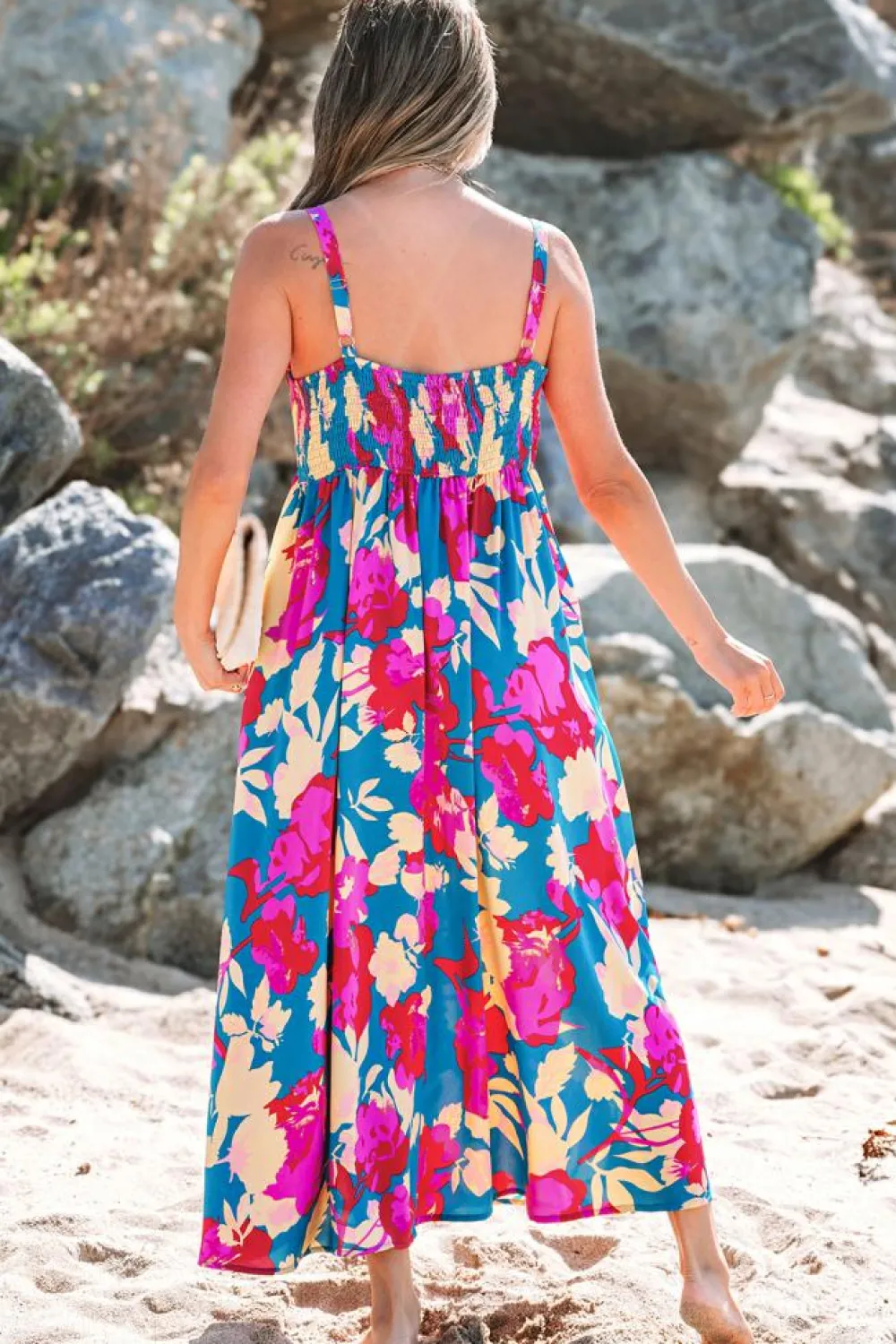 New Dear-Lover Floral High Waist Sleeveless Flared Long Dress Dark Blue