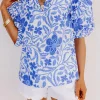 Outlet Dear-Lover Floral Print Ruffled Bubble Sleeve Blouse Dark Blue
