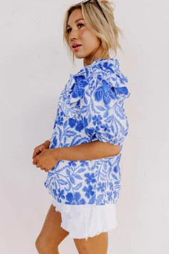Outlet Dear-Lover Floral Print Ruffled Bubble Sleeve Blouse Dark Blue