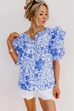 Outlet Dear-Lover Floral Print Ruffled Bubble Sleeve Blouse Dark Blue