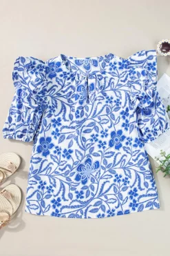Outlet Dear-Lover Floral Print Ruffled Bubble Sleeve Blouse Dark Blue
