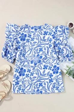Outlet Dear-Lover Floral Print Ruffled Bubble Sleeve Blouse Dark Blue