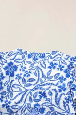 Outlet Dear-Lover Floral Print Ruffled Bubble Sleeve Blouse Dark Blue