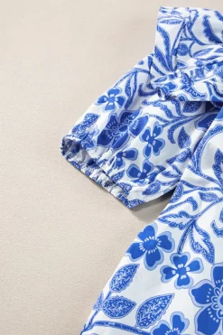 Outlet Dear-Lover Floral Print Ruffled Bubble Sleeve Blouse Dark Blue