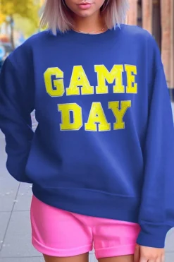New Dear-Lover Game Day Crew Neck Graphic Pullover Sweatshirt Dark Blue