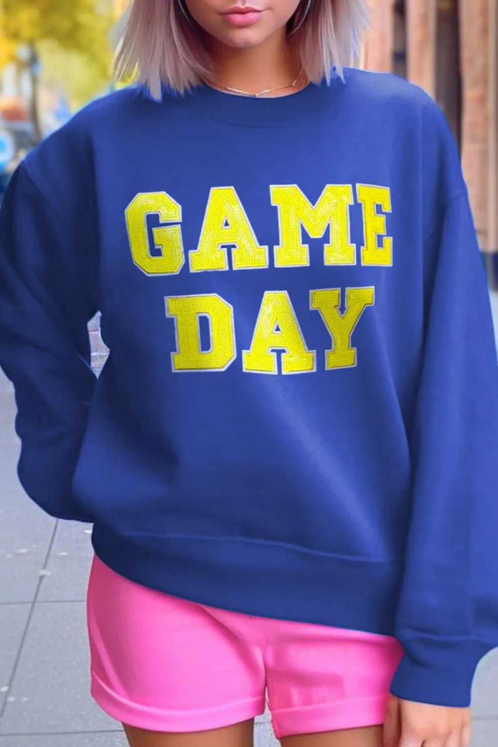 New Dear-Lover Game Day Crew Neck Graphic Pullover Sweatshirt Dark Blue