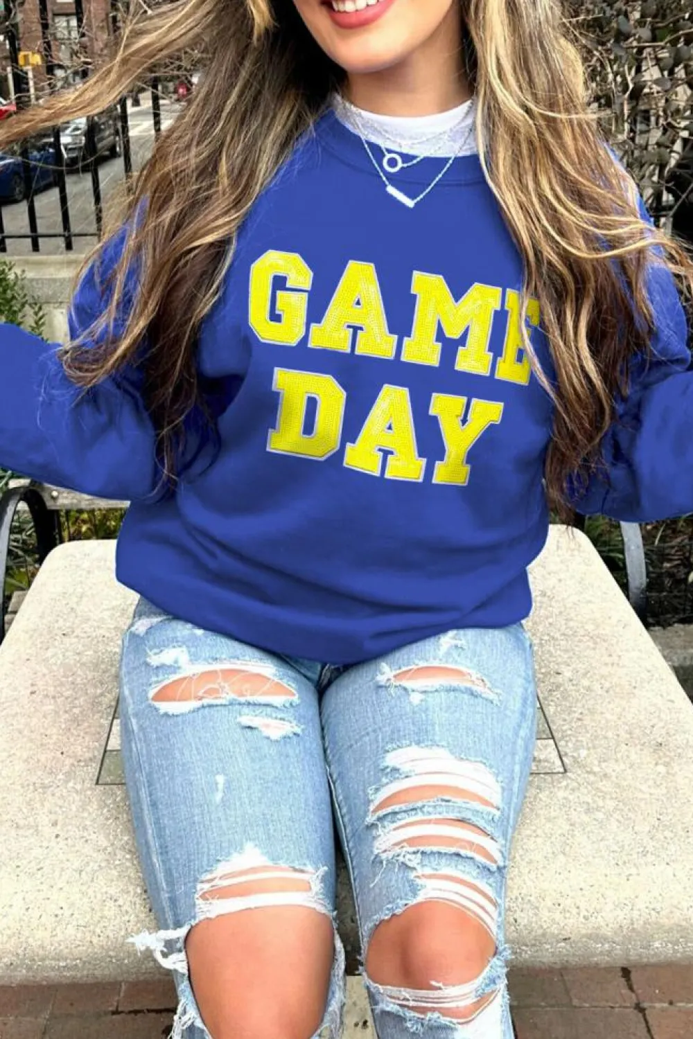 New Dear-Lover Game Day Crew Neck Graphic Pullover Sweatshirt Dark Blue
