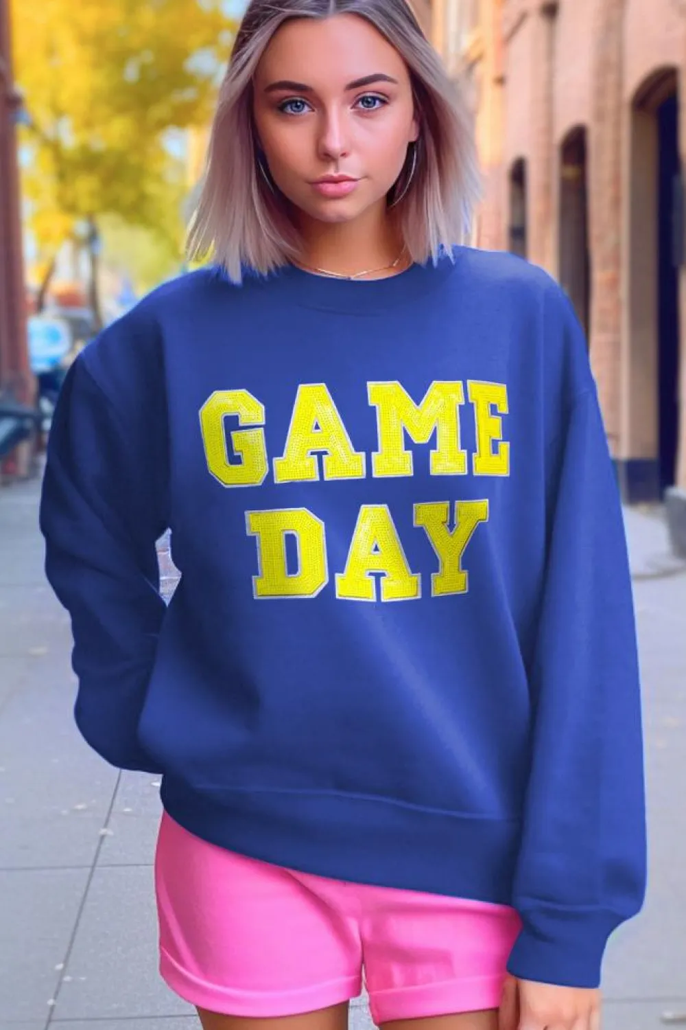 New Dear-Lover Game Day Crew Neck Graphic Pullover Sweatshirt Dark Blue