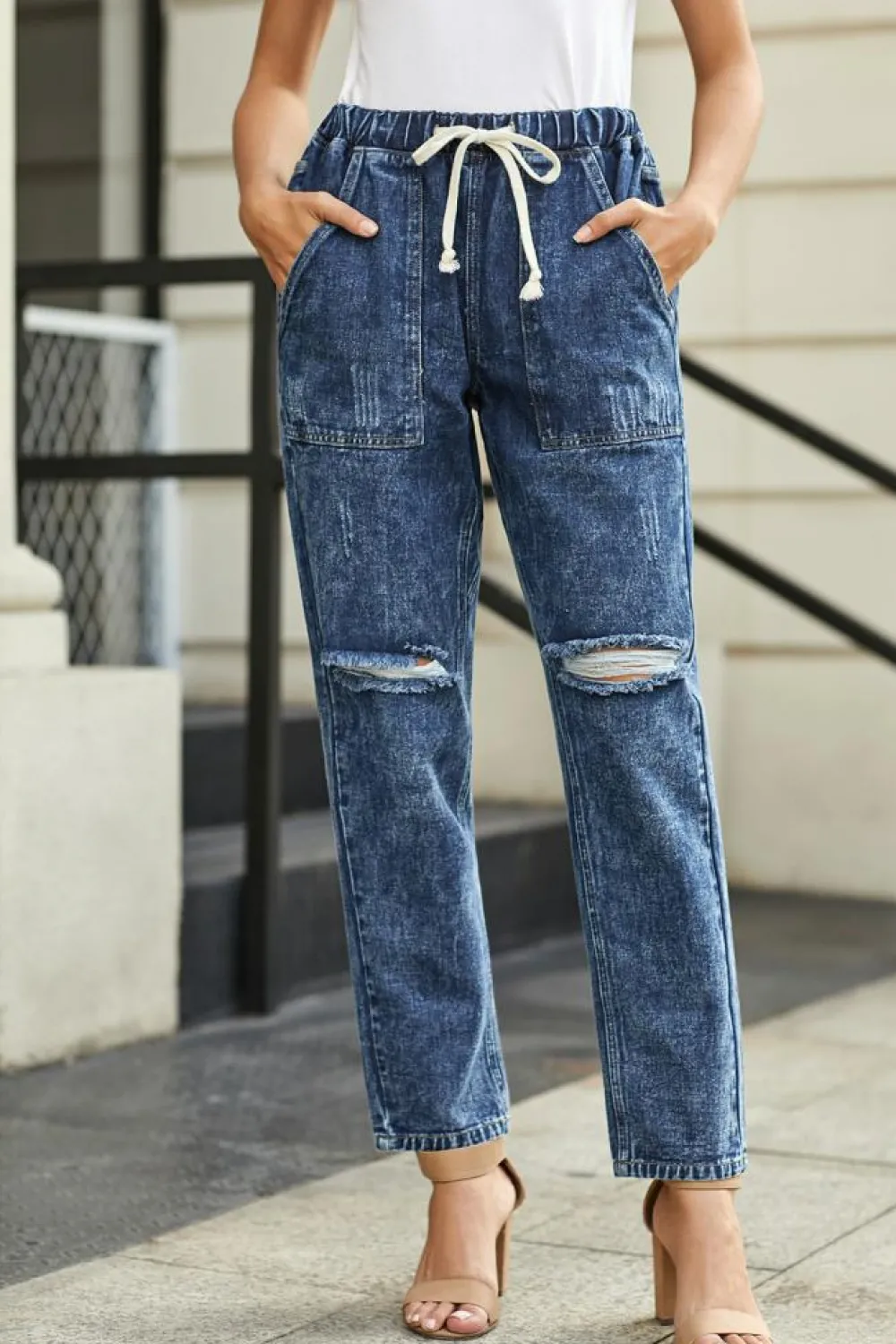 Online Dear-Lover Dark Gather Round Distressed Pocketed Denim Jogger Blue