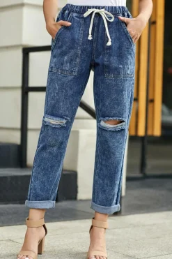 Online Dear-Lover Dark Gather Round Distressed Pocketed Denim Jogger Blue