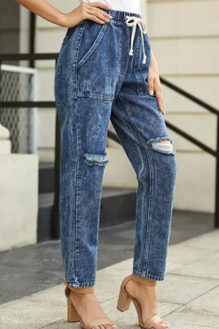 Online Dear-Lover Dark Gather Round Distressed Pocketed Denim Jogger Blue