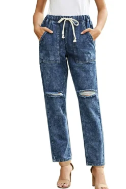 Online Dear-Lover Dark Gather Round Distressed Pocketed Denim Jogger Blue