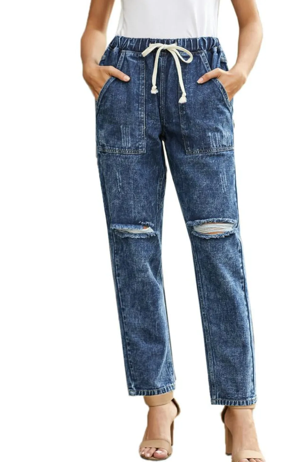 Online Dear-Lover Dark Gather Round Distressed Pocketed Denim Jogger Blue