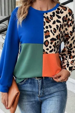 Hot Dear-Lover Leopard Print Colorblock Long Sleeve Top Dark Blue
