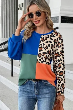 Hot Dear-Lover Leopard Print Colorblock Long Sleeve Top Dark Blue