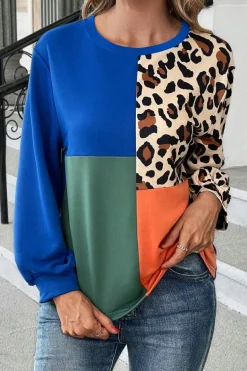 Hot Dear-Lover Leopard Print Colorblock Long Sleeve Top Dark Blue