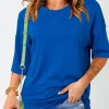 Discount Dear-Lover Longline Short Sleeve Side Slit Drop Shoulder Top Dark Blue