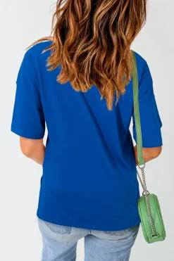 Discount Dear-Lover Longline Short Sleeve Side Slit Drop Shoulder Top Dark Blue