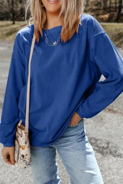 Online Dear-Lover Ribbed Corduroy Oversized Sweatshirt Dark Blue