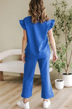 New Dear-Lover Ruffled Sleeve Summer Top and Cropped Loose Pants Set Dark Blue