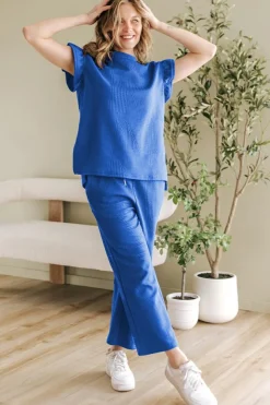 New Dear-Lover Ruffled Sleeve Summer Top and Cropped Loose Pants Set Dark Blue