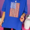 Best Dear-Lover Sequin American Flag Graphic Split Baggy T Shirt Dark Blue