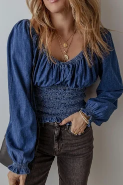 Clearance Dear-Lover Smocked Ruffled Puff Sleeve V Neck Denim Blouse Dark Blue