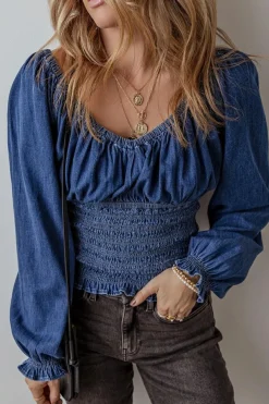 Clearance Dear-Lover Smocked Ruffled Puff Sleeve V Neck Denim Blouse Dark Blue