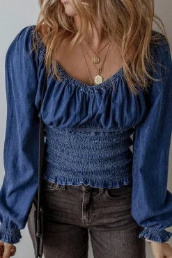 Clearance Dear-Lover Smocked Ruffled Puff Sleeve V Neck Denim Blouse Dark Blue