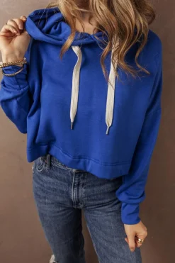 Discount Dear-Lover Solid Drop Shoulder Drawstring Cropped Hoodie Dark Blue