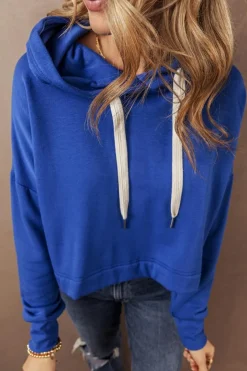 Discount Dear-Lover Solid Drop Shoulder Drawstring Cropped Hoodie Dark Blue