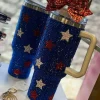 Sale Dear-Lover Star Shape Rhinestone Handle Large Vacuum Cup 40oz Dark Blue