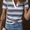 Hot Dear-Lover Stripe Collared Button V Neck Knitted T Shirt Dark Blue