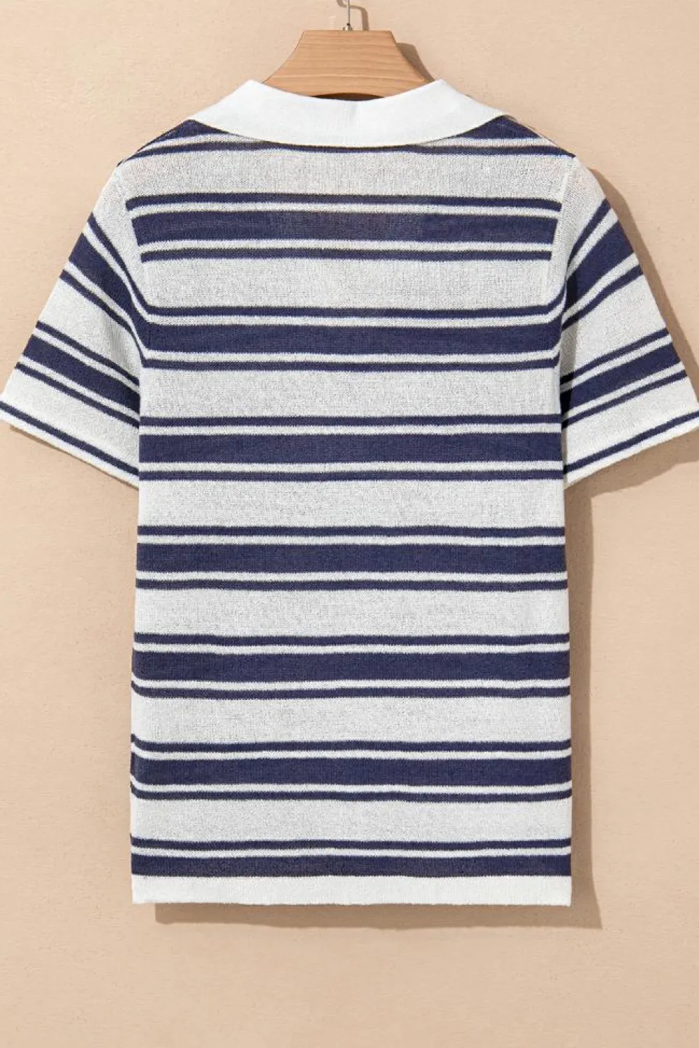 Hot Dear-Lover Stripe Collared Button V Neck Knitted T Shirt Dark Blue