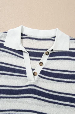 Hot Dear-Lover Stripe Collared Button V Neck Knitted T Shirt Dark Blue