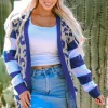 Hot Dear-Lover Stripe Sleeve Leopard Print Open Front Cardigan With Pockets Dark Blue