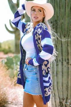 Hot Dear-Lover Stripe Sleeve Leopard Print Open Front Cardigan With Pockets Dark Blue