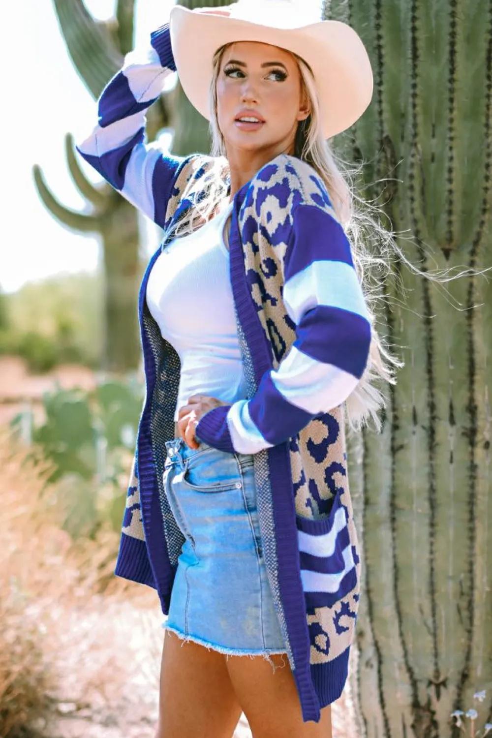 Hot Dear-Lover Stripe Sleeve Leopard Print Open Front Cardigan With Pockets Dark Blue