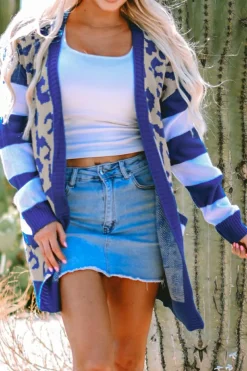 Hot Dear-Lover Stripe Sleeve Leopard Print Open Front Cardigan With Pockets Dark Blue
