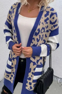 Hot Dear-Lover Stripe Sleeve Leopard Print Open Front Cardigan With Pockets Dark Blue