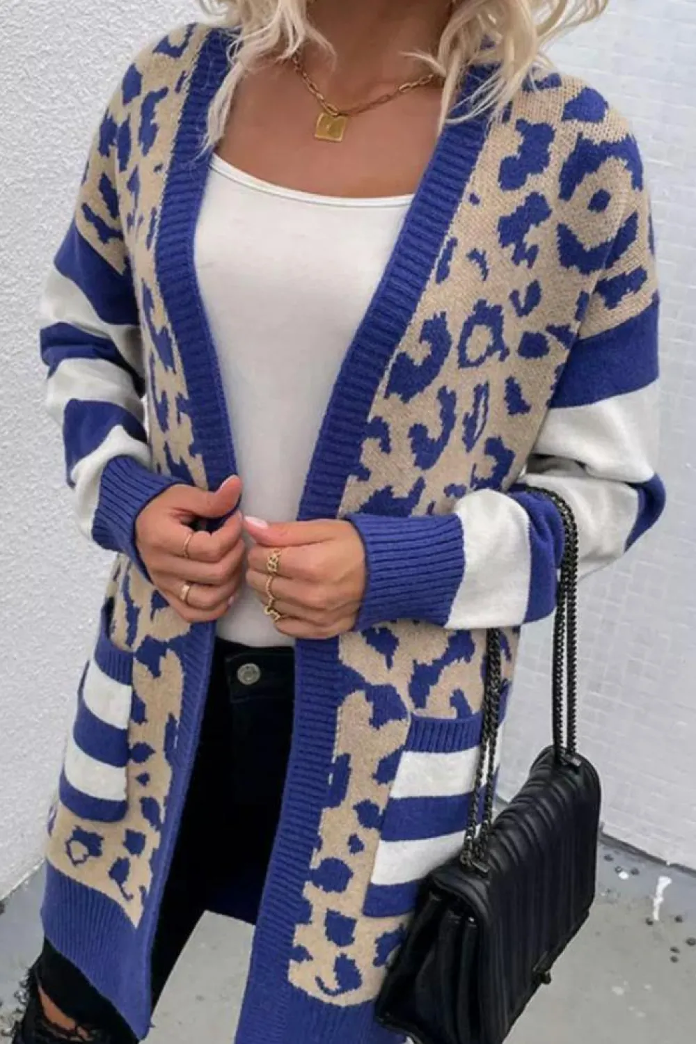 Hot Dear-Lover Stripe Sleeve Leopard Print Open Front Cardigan With Pockets Dark Blue