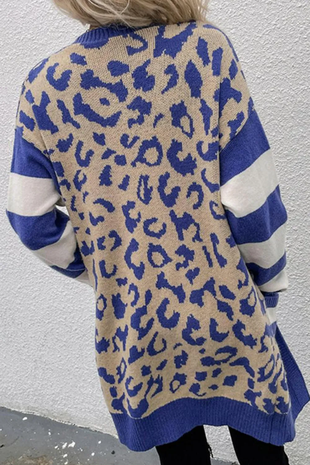 Hot Dear-Lover Stripe Sleeve Leopard Print Open Front Cardigan With Pockets Dark Blue
